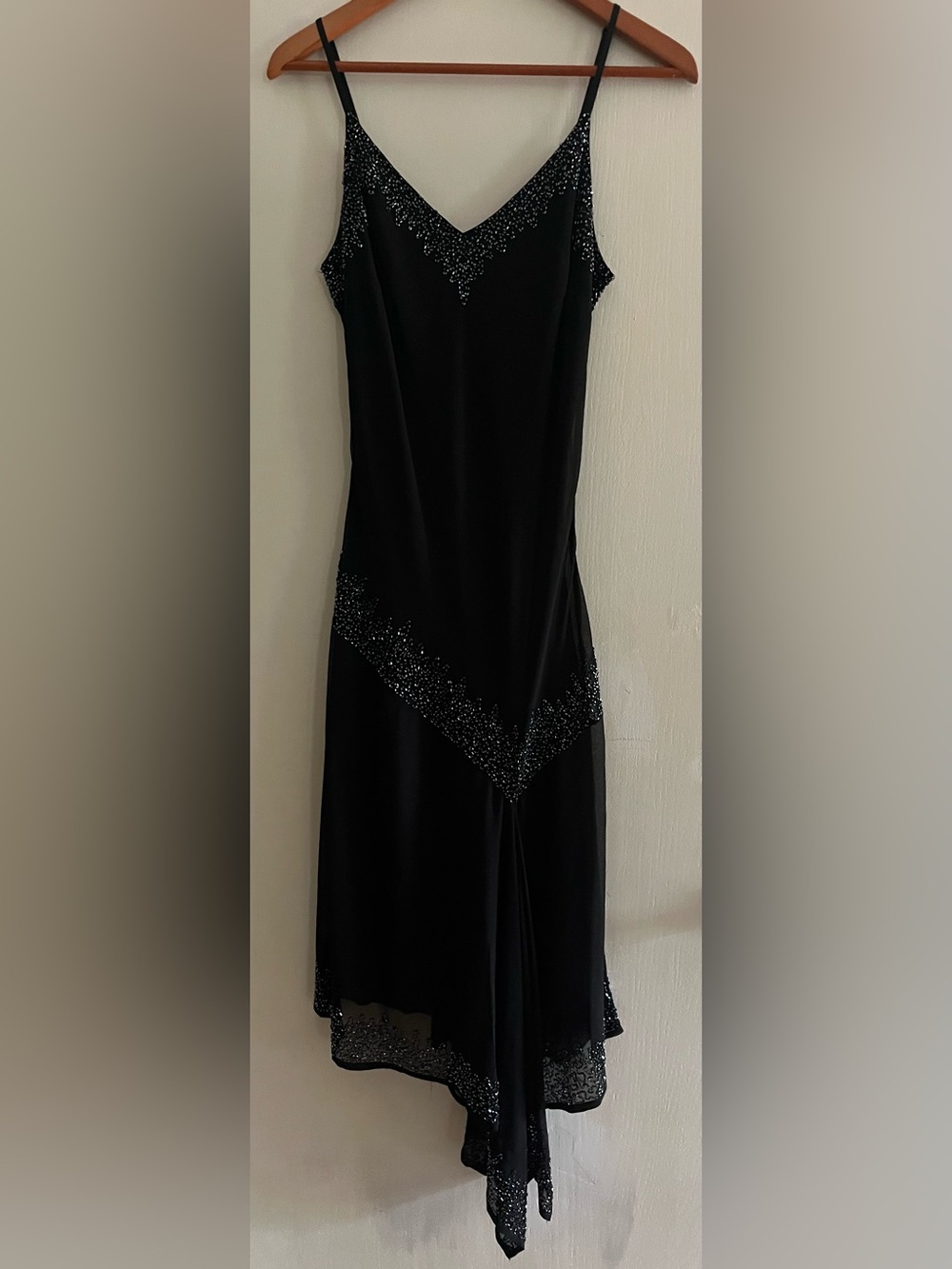 Vintage JMD Black Beaded Asymmetrical
Handkerchief Hem Cocktail Dress Size L